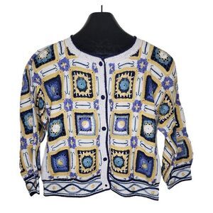 Vintage 80s Peruvian Connection Granny Square Patchwork Cardigan Sweater Womens